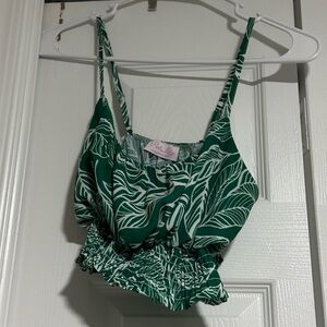 Pink Lily Green Leaf Print Crop Top